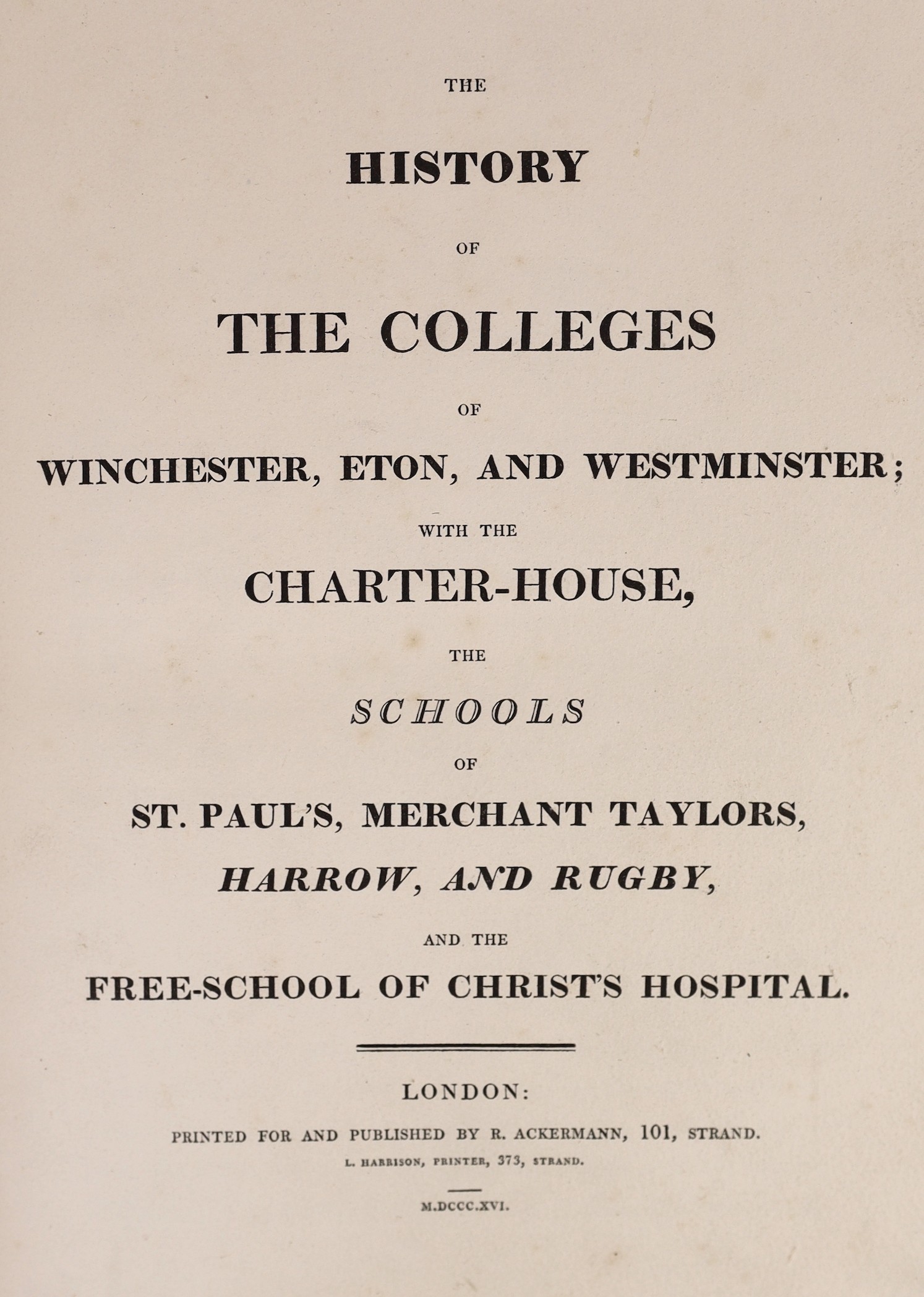 Ackermann Publications, Rudolph-London - The History of Winchester, Eton and Westminster….4to, red morocco gilt, by Birdsall, Northampton, with 48 hand-coloured plates after Pugin, Westall and others, London, 1816, with